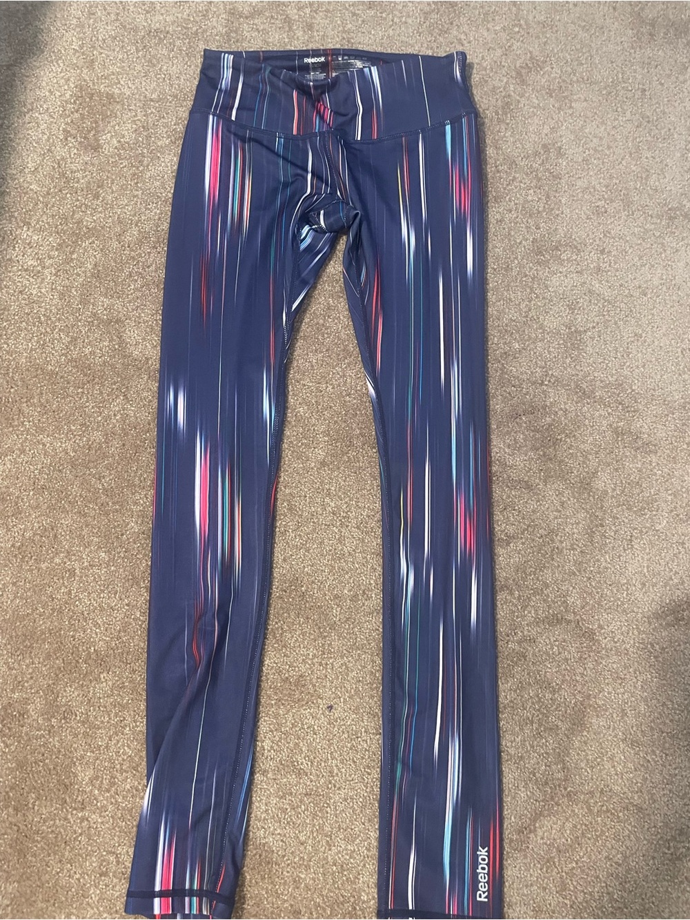 Reebok Navy Leggings with Multi-Color Vertical Streaks
